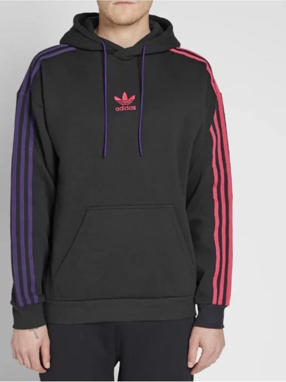 $110 Adidas Originals Embroidered Trefoil 3 Stripes Black Pullover Hoodie